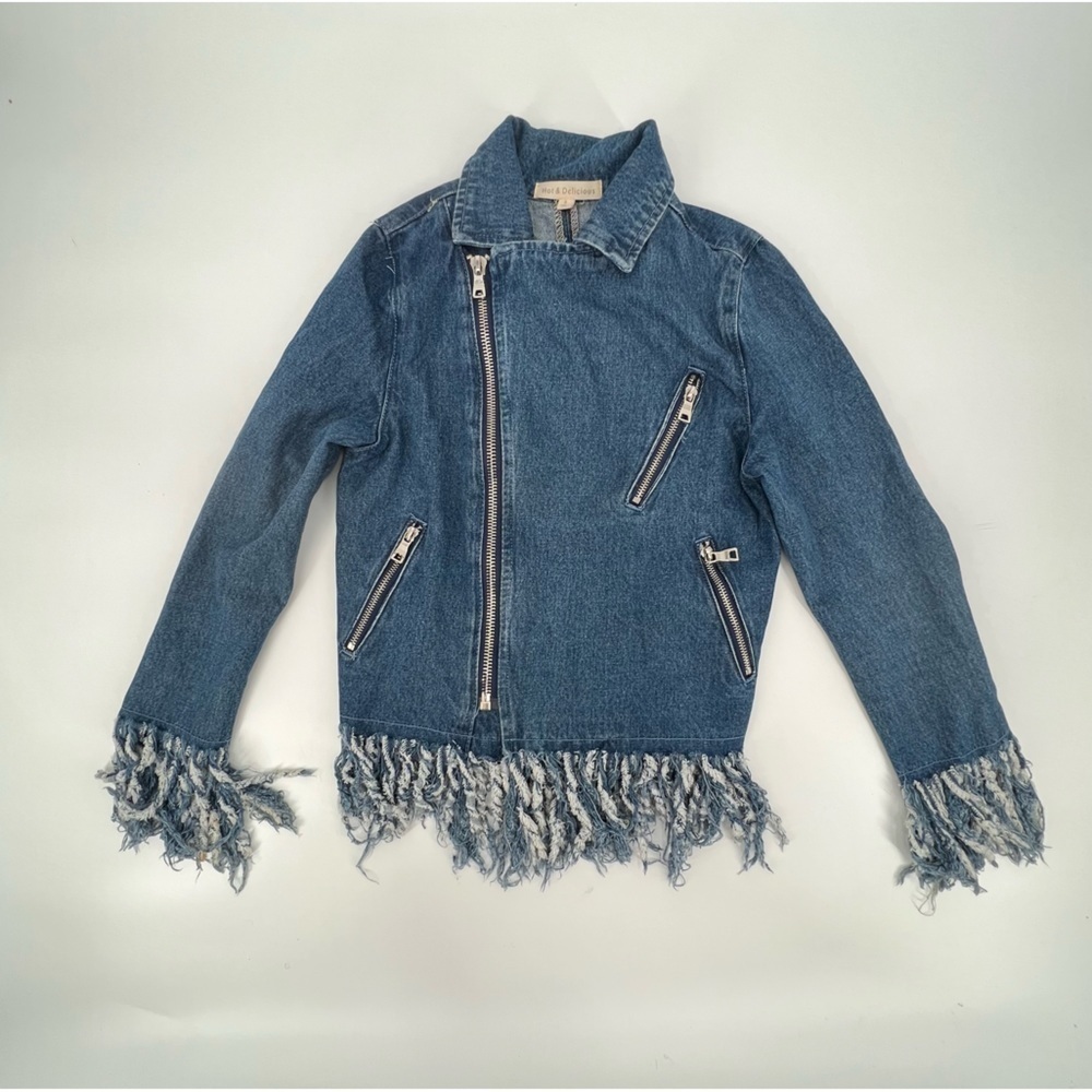 Hot & Delicious Frayed Hem Moto Denim Jean Jacket Size Small Women's